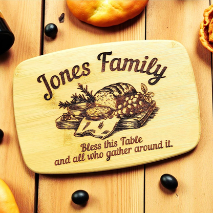 Bless This Table And All Who Gather Around It Engraved Cutting Board In Bamboo Or Acacia Wood For Kitchen Decor, Charcuterie Serving And Meal Prep, Housewarming And Wedding Present, Durable Knife Friendly Surface With Food Safe Finish, Hand Wash Only Care