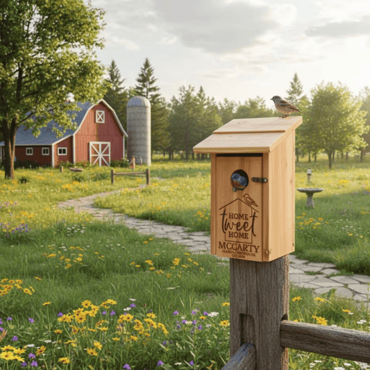 Personalized Premium Eastern Red Cedar Birdhouse Made In USA For Housewarming, Birdwatchers And Realtor Closing