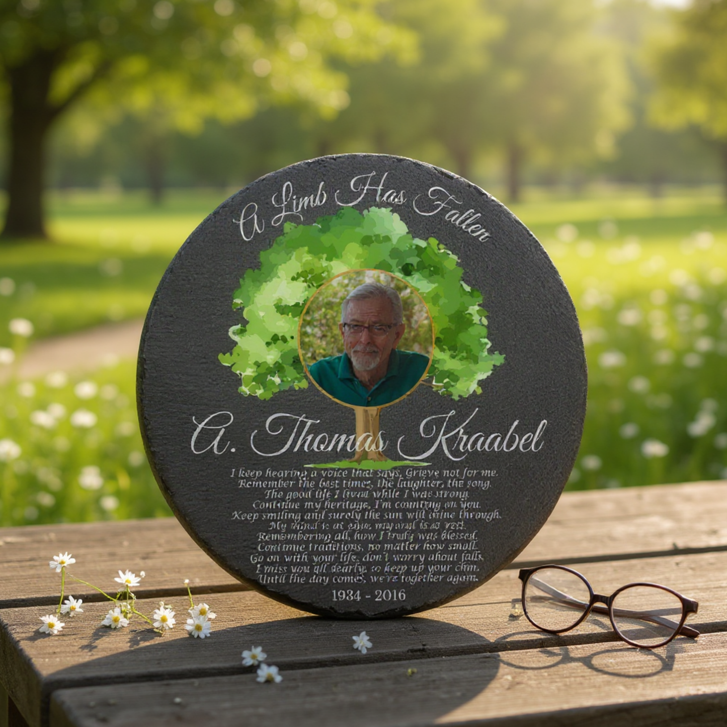 A limb has fallen personalized bereavement stone for indoor or outdoor display — weather-resistant memorial keepsake with multiple size options for sympathy, remembrance, and celebration of life
