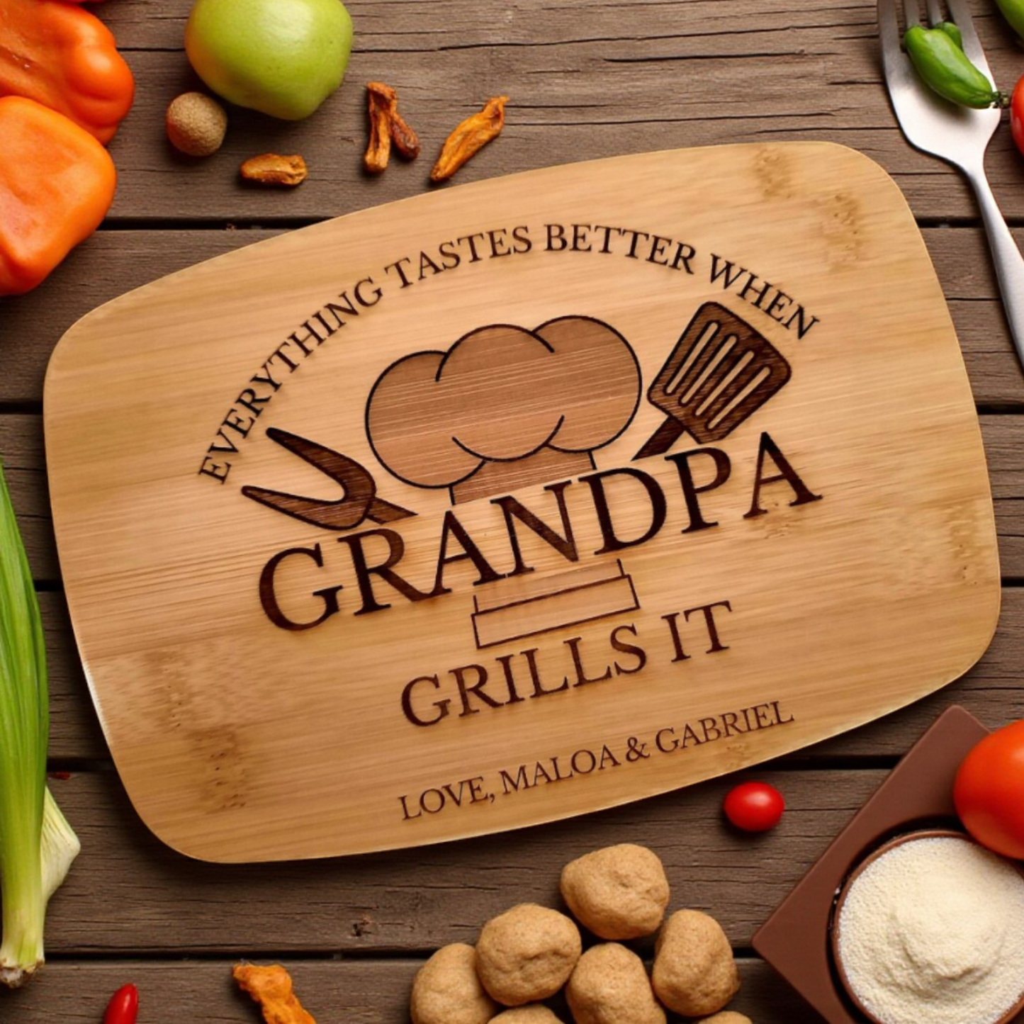 Papa Grills It Personalized Cutting Board With Multiple Design Options For BBQ Lovers, Charcuterie And Serving Board For Dad And Grill Master Kitchen Decor