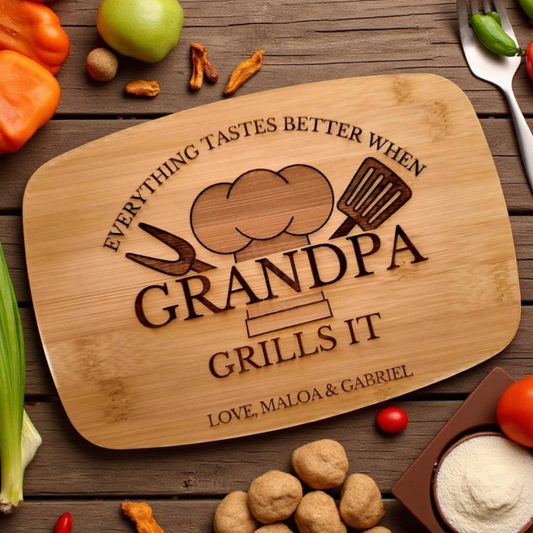 Papa Grills It Personalized Cutting Board With Multiple Design Options For BBQ Lovers, Charcuterie And Serving Board For Dad And Grill Master Kitchen Decor