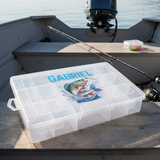 18 Compartment Fishing Tackle Box Multiple Sizes Available Water Resistant Organizer With Adjustable Dividers Durable ABS Plastic Secure Lacthes Clear Lid Personalized Label Option Fishing Gear Storage