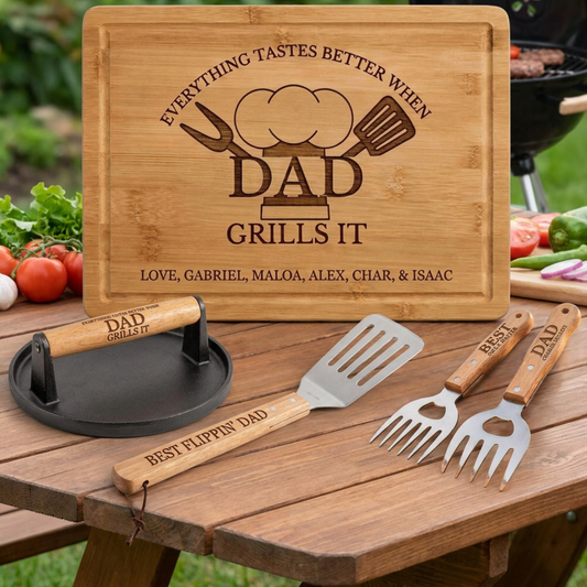 Personalized "Everything Tastes Better When" BBQ Gift Set For Dad Or Grandpa With Bamboo Cutting Board, Meat Claws, Spatula, And Cast Iron Meat Press- Choose Your Gift Set For The Perfect Gift