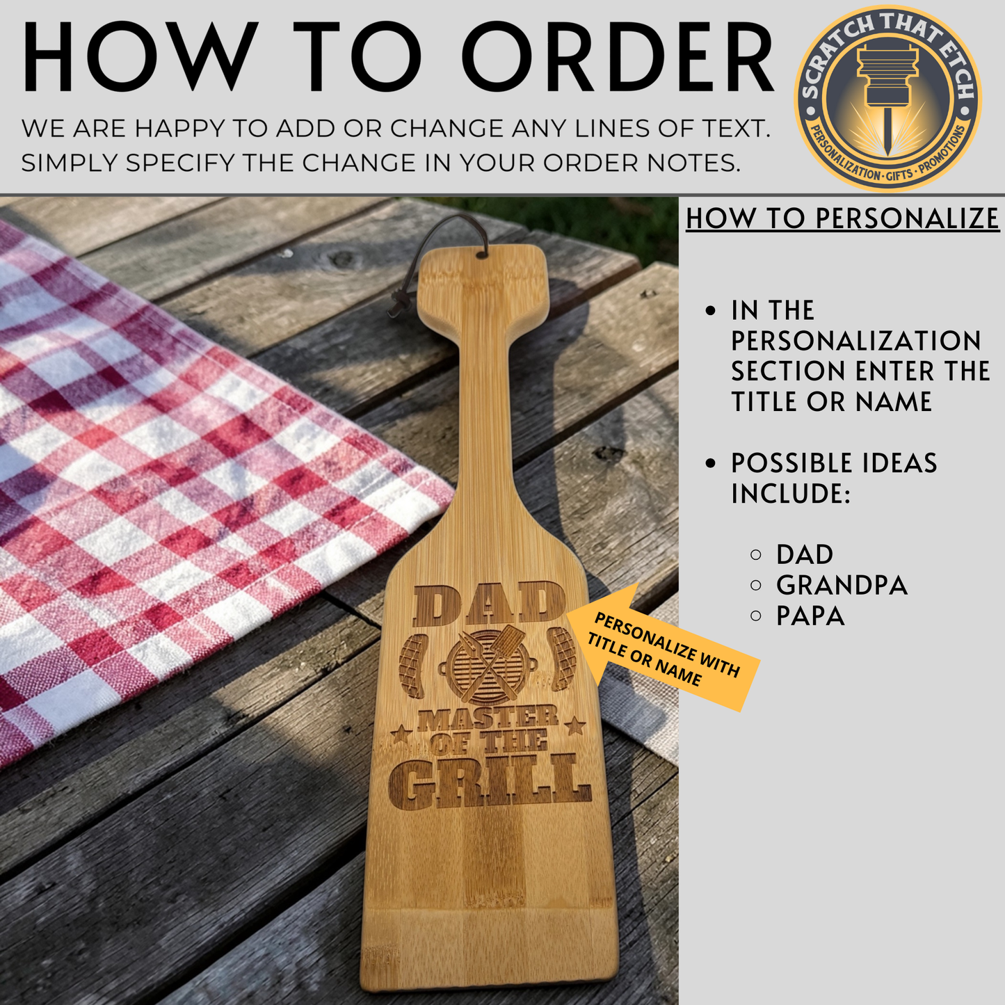 Personalized Wooden BBQ Grill Scraper With Built In Bottle Opener For Dad Pap Grandpa And Grill Masters Must Have Grill Accessory