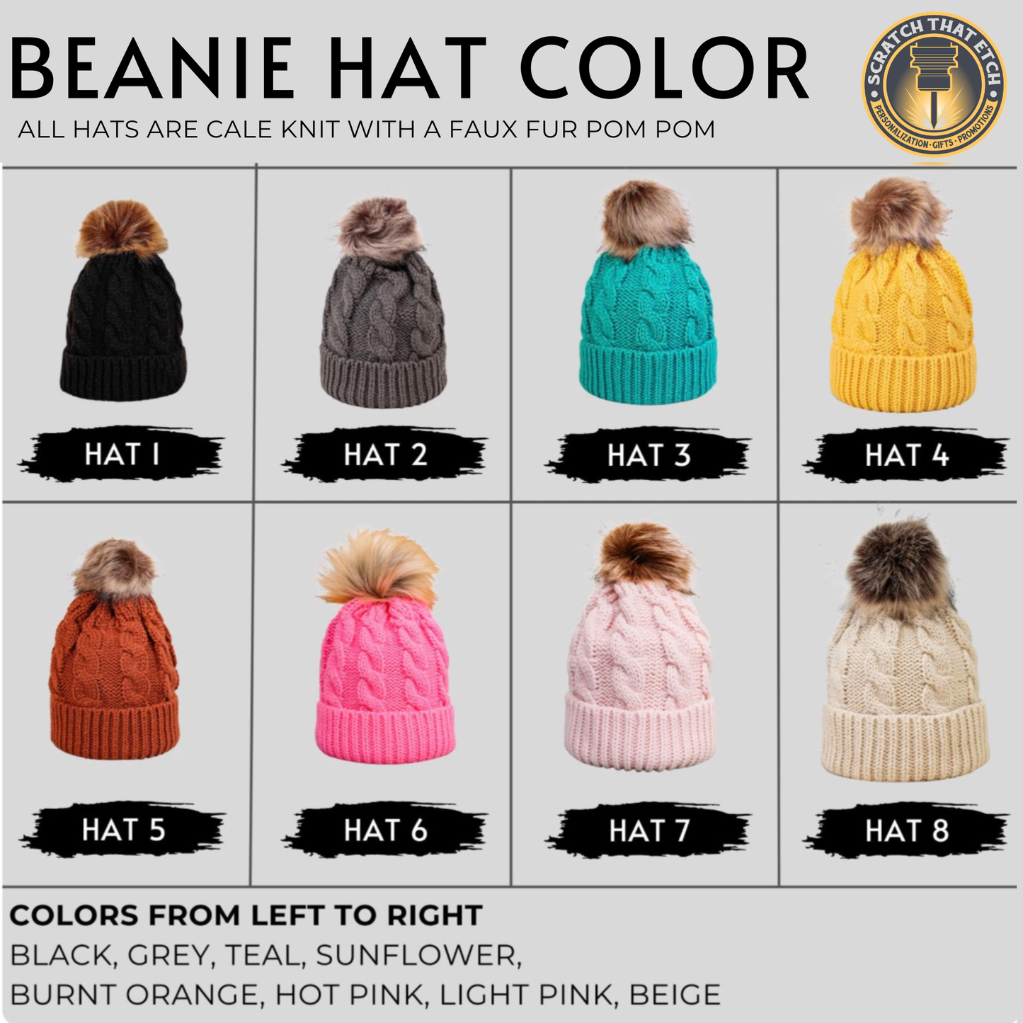 FCAWF chicken patch winter beanie knit hat for chicken moms and lovers, available in black grey teal sunflower burnt orange hot pink light pink beige
