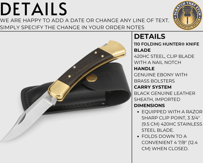 Personalized Buck 110 Folding Hunter Knife 420HC Steel Clip Point Ebony Handle Brass Bolsters With Black Leather Sheath For Camping Hunting And Eagle Scouts