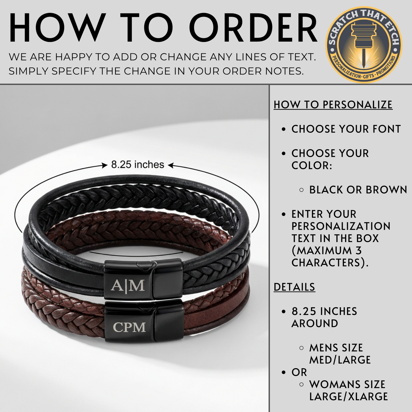 Personalized 5 Strand Bracelet With Magnetic Closure In Black Or Brown, Add Monogram Initials On Clasp, Multi Strand Jewelry For Him Or Her
