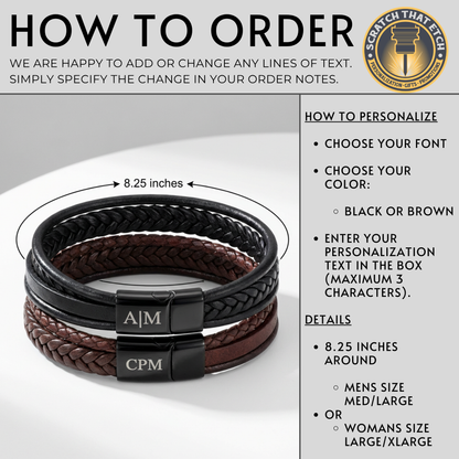 Personalized 5 Strand Bracelet With Magnetic Closure In Black Or Brown, Add Monogram Initials On Clasp, Multi Strand Jewelry For Him Or Her