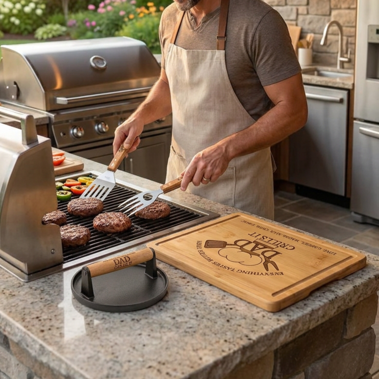 Personalized "Everything Tastes Better When" BBQ Gift Set For Dad Or Grandpa With Bamboo Cutting Board, Meat Claws, Spatula, And Cast Iron Meat Press- Choose Your Gift Set For The Perfect Gift