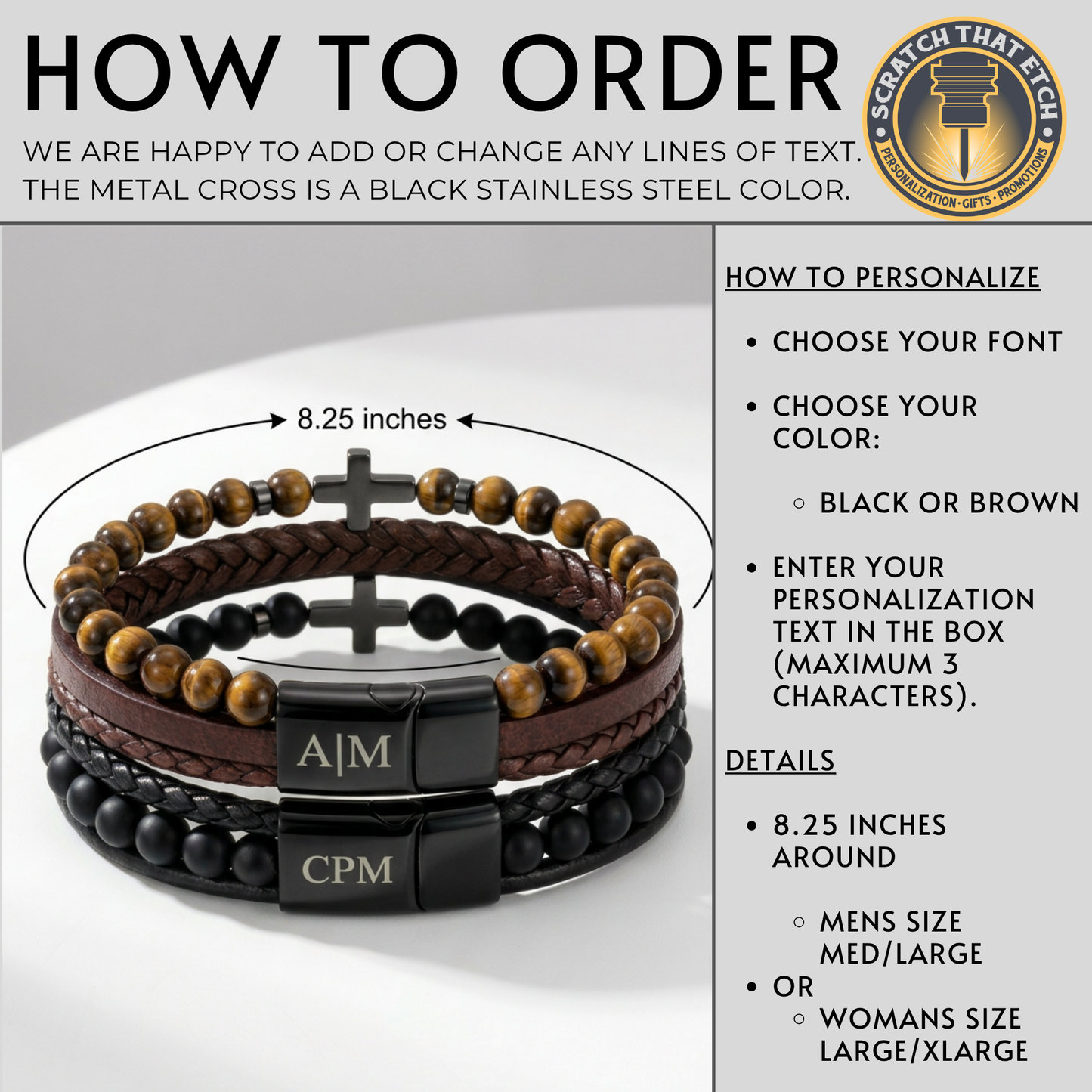 Personalized Three Strand Leather Bracelet With Cross- Engrave On The Magnetic Closure | Black Or Brown, Add Initials, Date, Or Coordinates