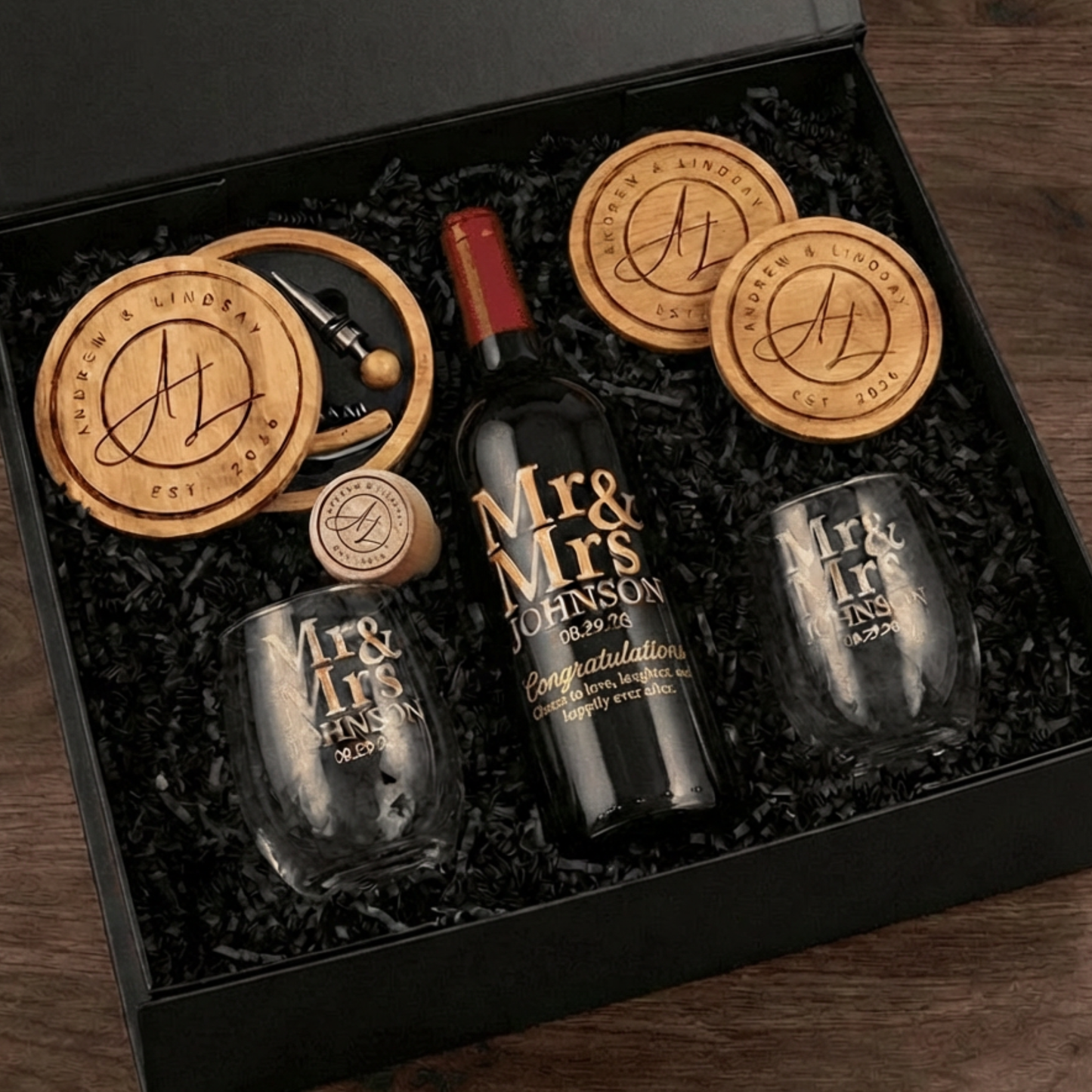 Luxury Personalized Wine Gift Set Custom Sandblasted Wine Bottle with Gold Inlay, Etched Glasses & Wine Accessories- Wedding, Anniversary, Special Memories Keepsake