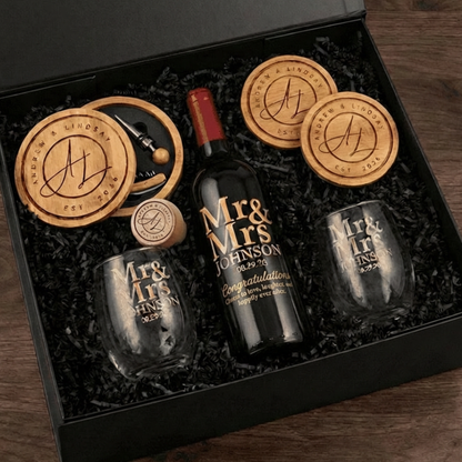 Luxury Personalized Wine Gift Set Custom Sandblasted Wine Bottle with Gold Inlay, Etched Glasses & Wine Accessories- Wedding, Anniversary, Special Memories Keepsake