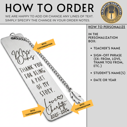 Personalized Teacher Bookmark Gift, Stainless Steel Teacher Appreciation Keepsake, End of Year Thank You Gift, Custom Engraved Bookmark