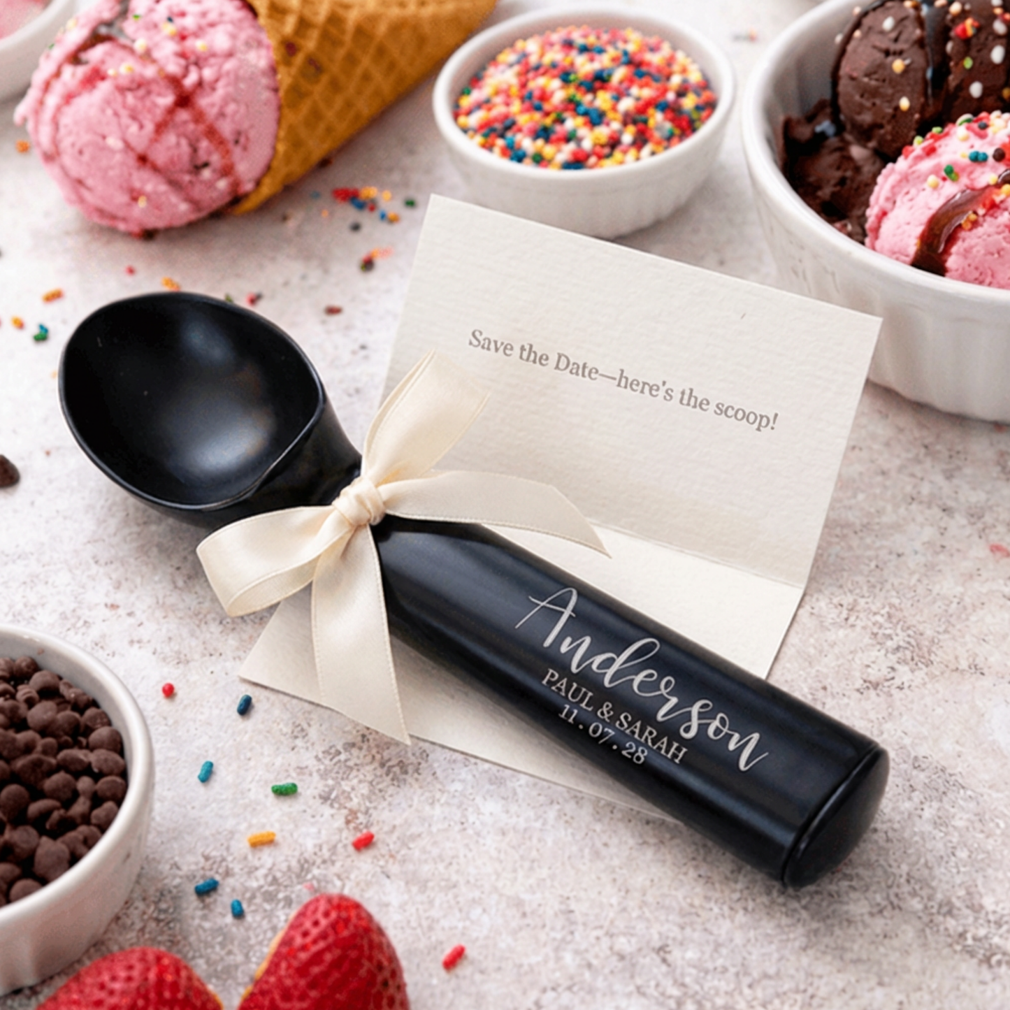 Personalized Aluminum Ice Cream Scoop In Black Or Silver For Bulk Wedding Favors And Save The Date, Up To 30 Characters On Handle