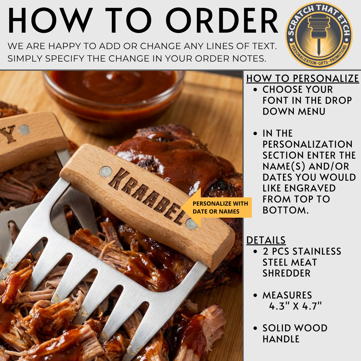 Personalized Stainless Steel BBQ Meat Shredder Claws With Short Natural Wood Handles Name Or Logo On One Or Both Claws