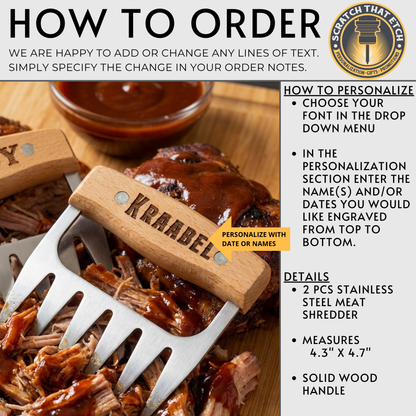 Personalized Stainless Steel BBQ Meat Shredder Claws With Short Natural Wood Handles Name Or Logo On One Or Both Claws