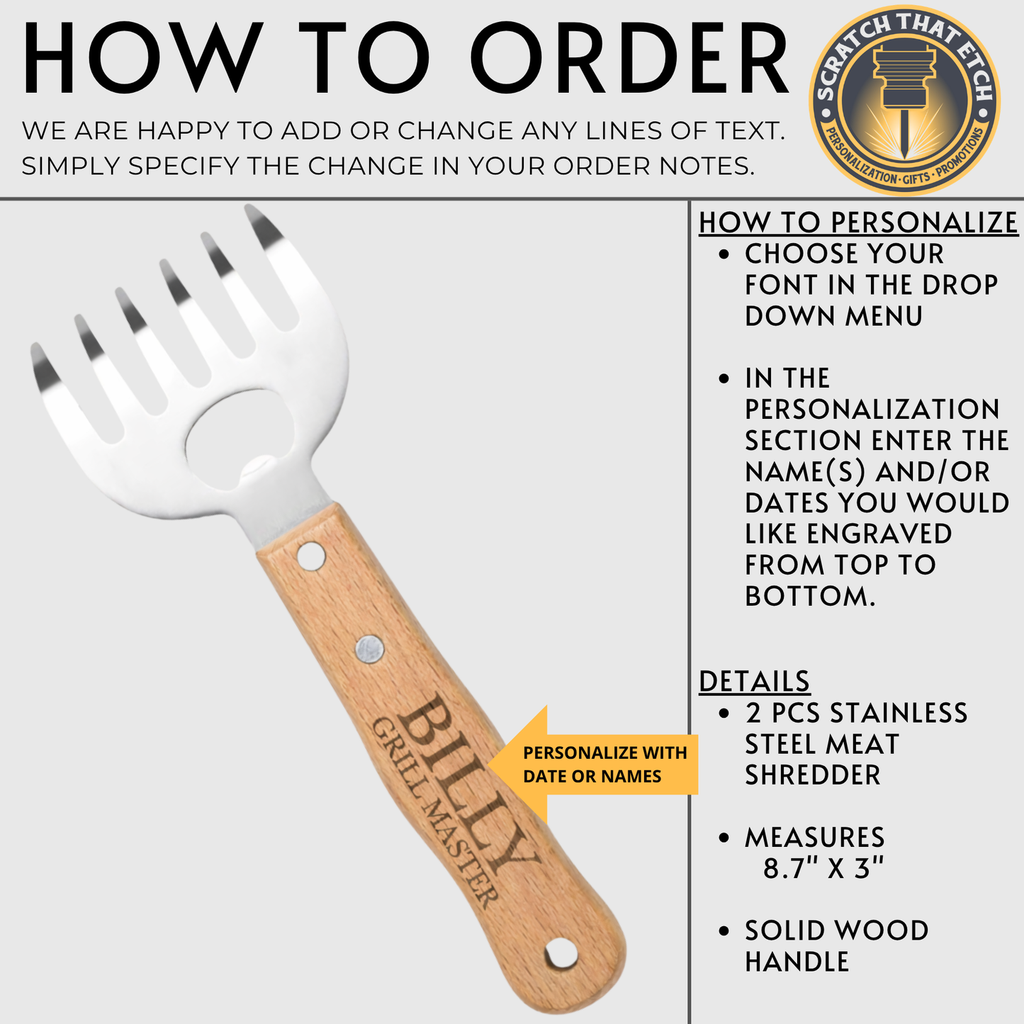 Personalized Stainless Steel BBQ Meat Shredder Claws With Long Natural Wood Handles For Pulled Pork And Grilling