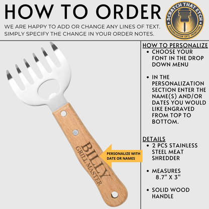 Personalized Stainless Steel BBQ Meat Shredder Claws With Long Natural Wood Handles For Pulled Pork And Grilling