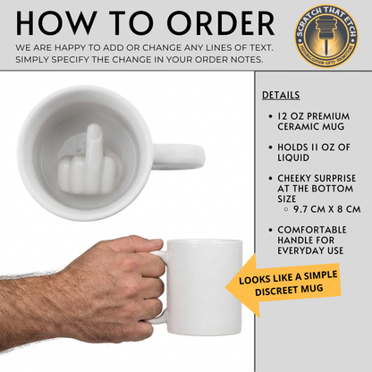 Personalized Surprise Inside White Ceramic Mug with Hidden Hand Gesture, Funny Coffee Cup for Pranks and Office Humor