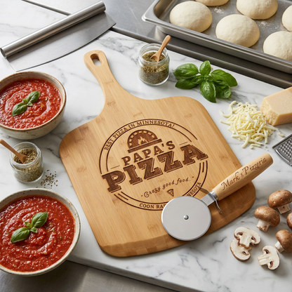 Personalized 2 Pcs Pizza Board With Cutter Set, Engraved Pizza Gift For Pizza Lovers- Choice Of 3 Boards & Two Blades- Custom Pizza Peel Set