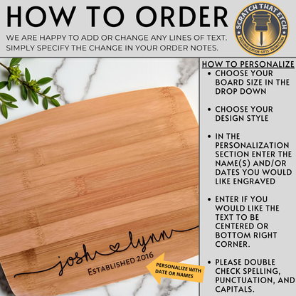 Family Name Personalized Cutting Board In Bamboo Or Acacia — Heirloom Serving Board For Weddings, Housewarmings, And Anniversaries — Kitchen-Ready Keepsake That Elevates Entertaining And Celebrates Your Home