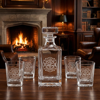 Personalized Decanter Set with 4 Rocks Glasses, Custom Logo Square Glass Decanter, FD PD EMS Retirement Gift or Company Bar Gift