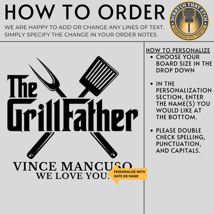 The GrillFather Personalized Cutting Board In Bamboo Or Acacia — BBQ Lovers’ Serving Board For Dads, Father’s Day, And Housewarmings — Bold Parody Design That Elevates Grilling And Charcuterie