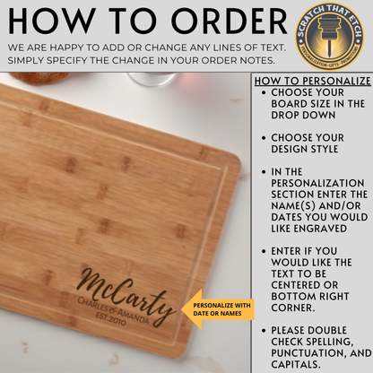 Personalized Name Cutting Board With Multiple Designs, Family Name Charcuterie And Cheese Board In Bamboo Or Acacia, Wedding And Housewarming Keepsake