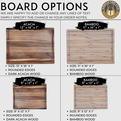 Personalized Bamboo Or Acacia Chopping Block Cutting Board, Thick Sturdy And Solid Charcuterie And Serving Board In Medium Or Large, Family Name Kitchen Decor