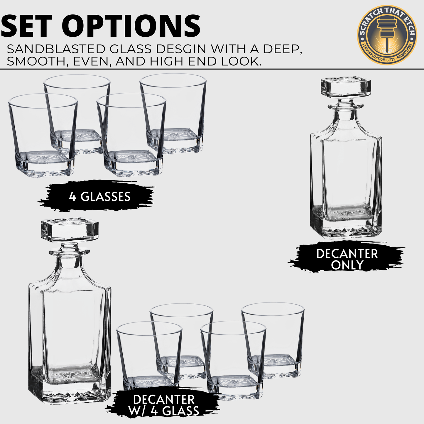 Personalized 750 ML Square Glass Decanter Set With Permanently Marked Design, Dishwasher Safe Barware, Design Your Own Whiskey Or Scotch Decanter