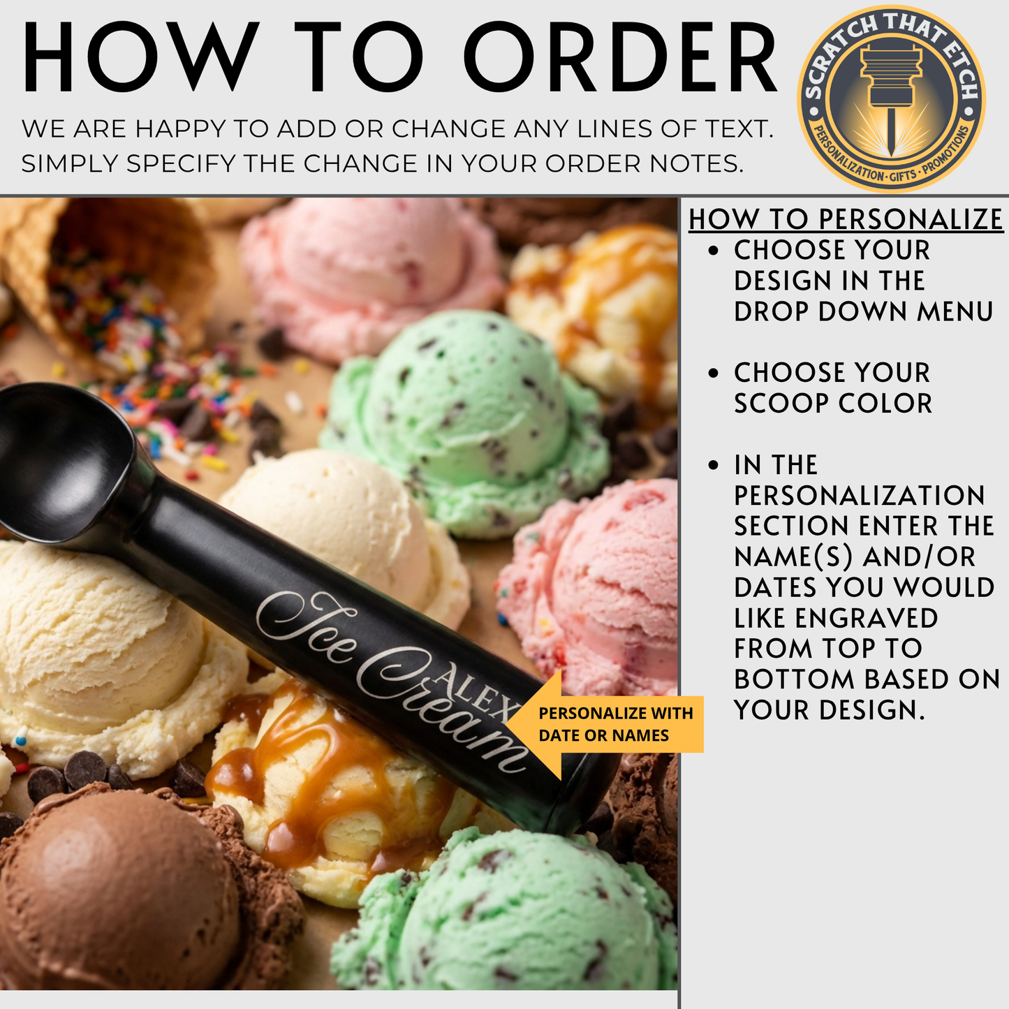 Personalized Aluminum Ice Cream Scoop In Black Or Silver For Bulk Wedding Favors And Save The Date, Up To 30 Characters On Handle