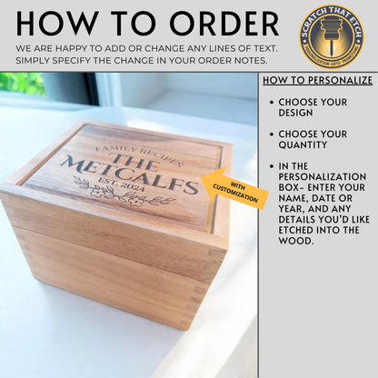 Personalized Acacia Wood Heirloom Recipe Box For 4x6 Or 3x5 Cards, Family Name Keepsake Kitchen Decor And Recipe Storage Organizer