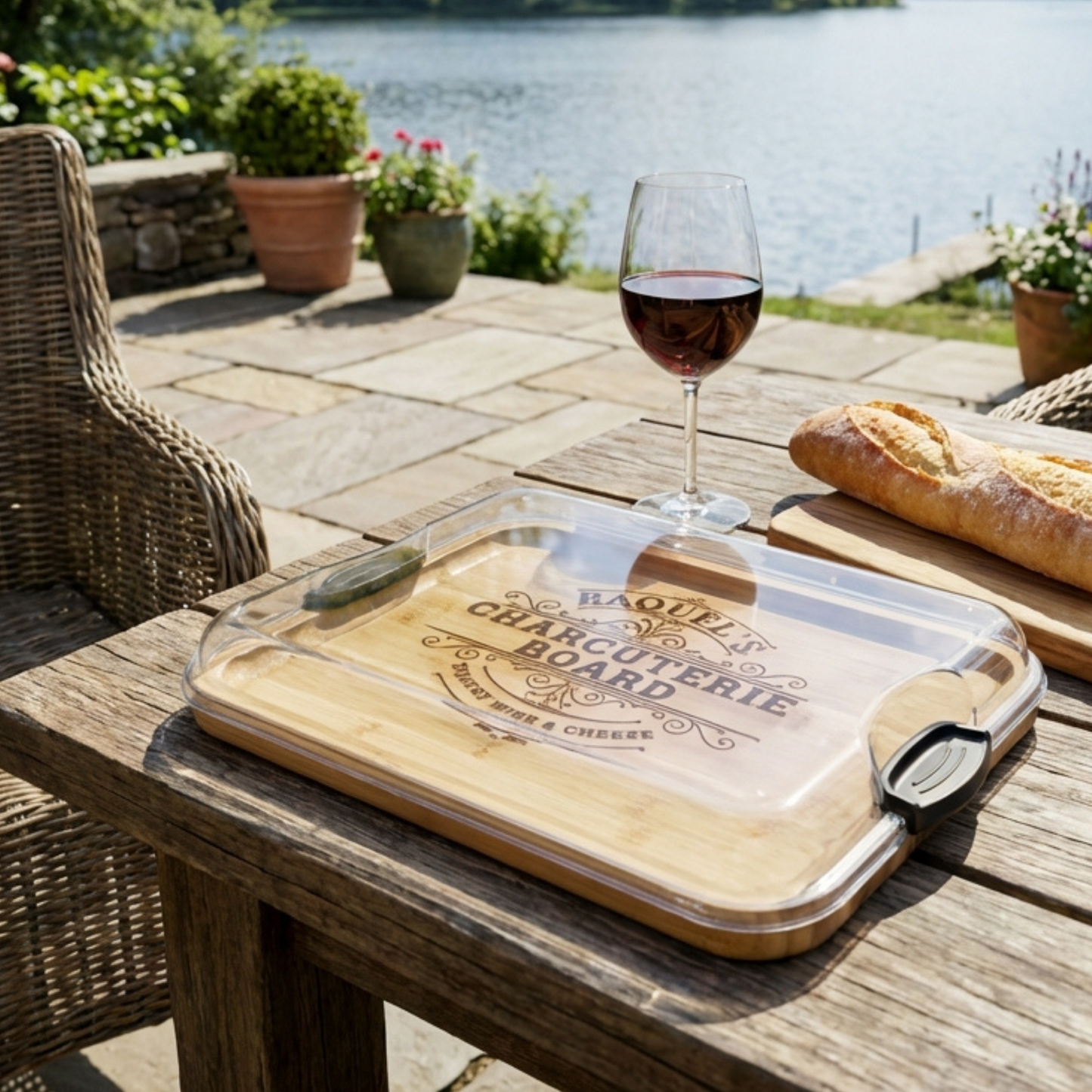 Personalized Bamboo Charcuterie Board With Secure Locking Lid And Handles, One Compartment Build A Board For Easy Transportation And Fresh Serving