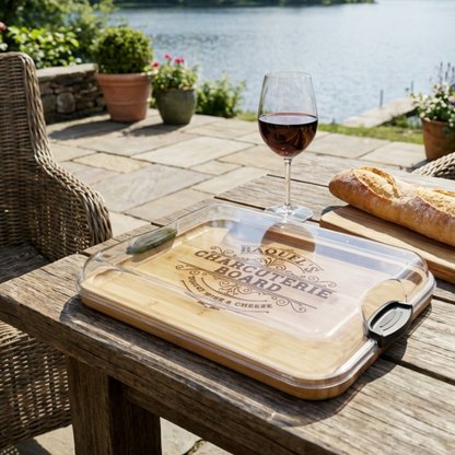 Personalized Bamboo Charcuterie Board With Secure Locking Lid And Handles, One Compartment Build A Board For Easy Transportation And Fresh Serving