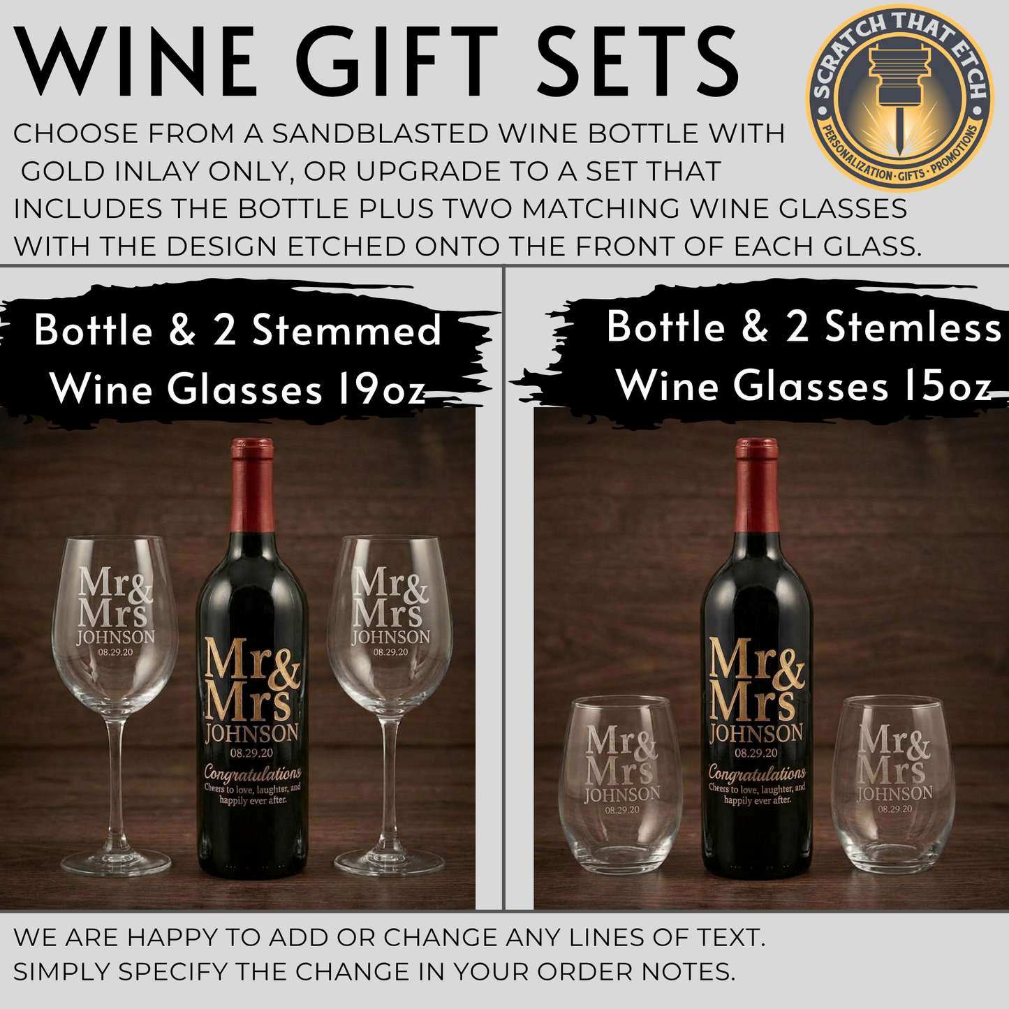 Personalized Sandblasted Wine Bottle Etching With Optional Two 15OZ Stemless Or Two 19OZ Stemmed Glasses For Anniversaries Weddings And Special Memories