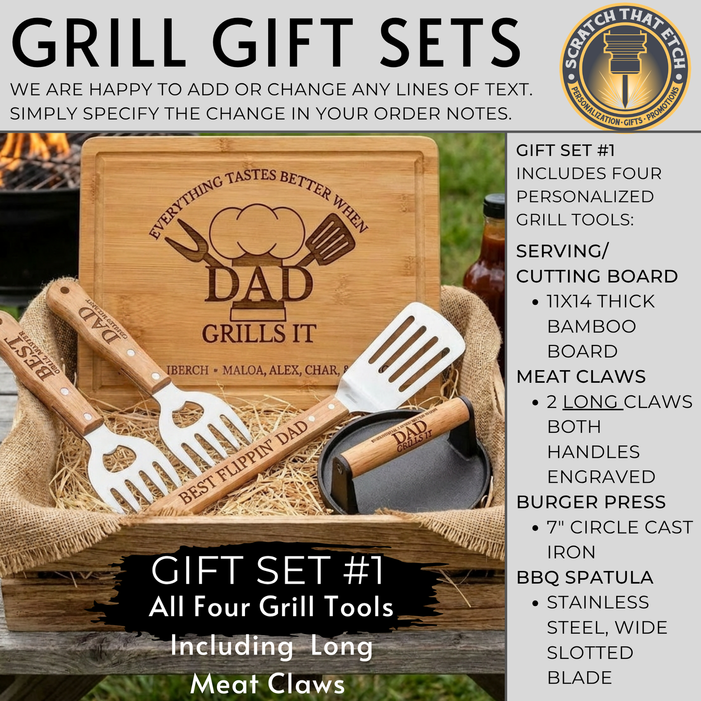 Personalized "Everything Tastes Better When" BBQ Gift Set For Dad Or Grandpa With Bamboo Cutting Board, Meat Claws, Spatula, And Cast Iron Meat Press- Choose Your Gift Set For The Perfect Gift