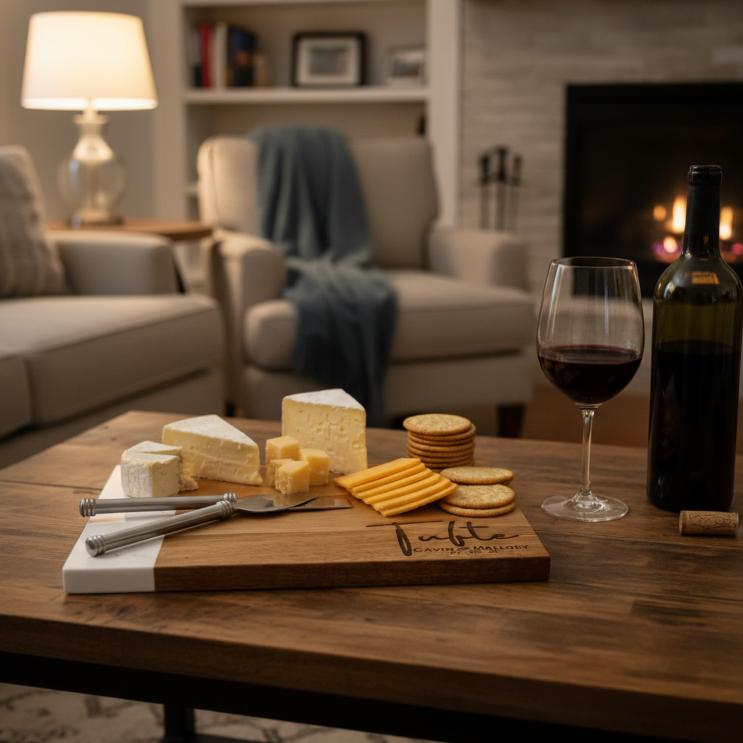 Personalized marble and acacia cutting board by Scratch That Etch for charcuterie serving and kitchen decor