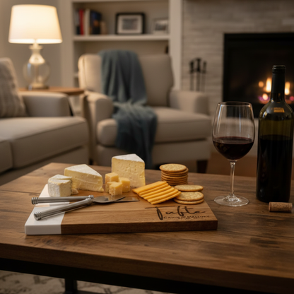 Personalized marble and acacia cutting board by Scratch That Etch for charcuterie serving and kitchen decor