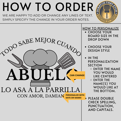 Personalized Abuelo Spanish Cutting Board With Multiple Designs For BBQ Prep And Serving, Grill Master Kitchen Decor For Fathers Day And Birthdays