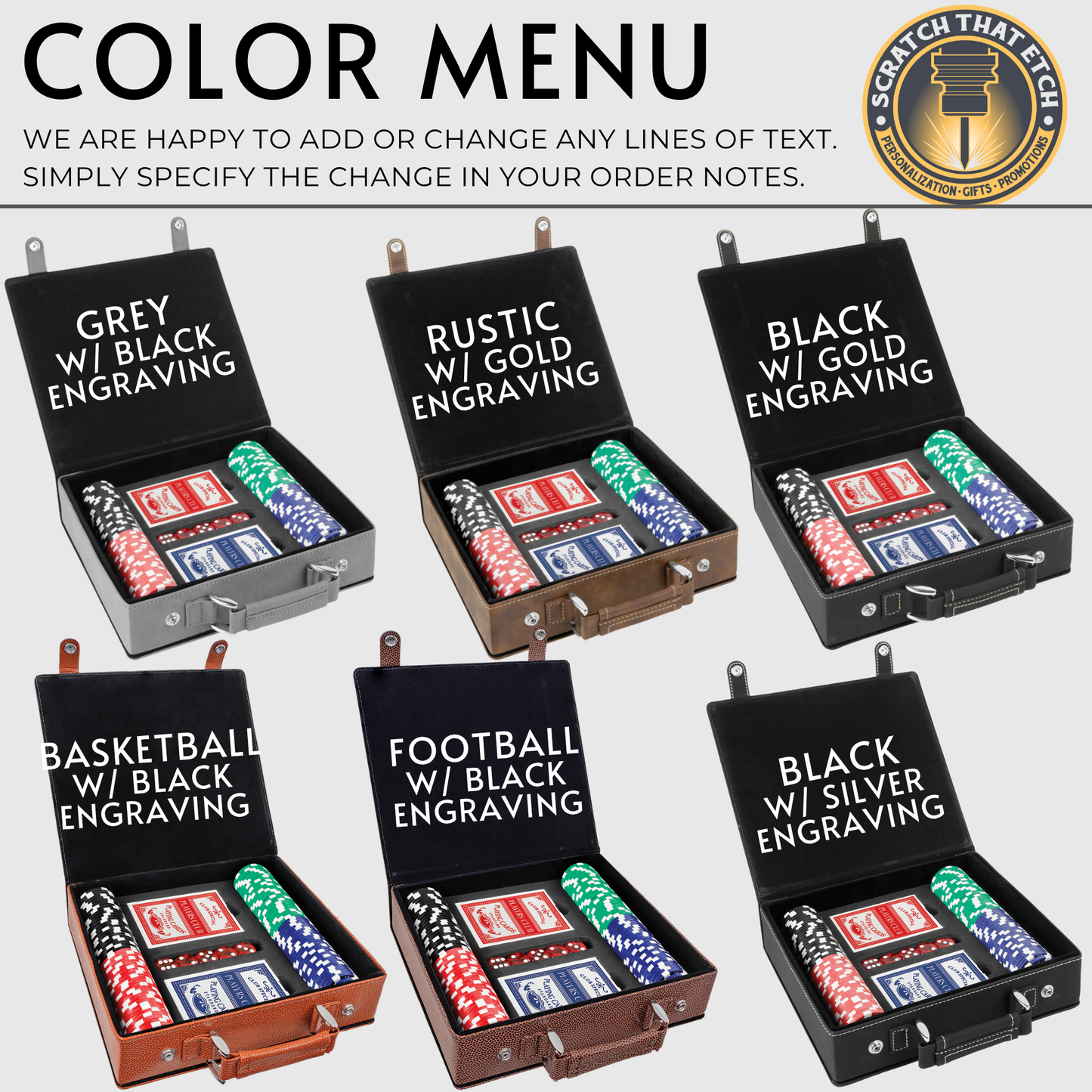 Premium 100 Piece Poker Set In Multiple Colors With leather Case, Clay Composite Chips, Playing Cards, Dealer Button, And Optional Personalized Case