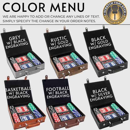 Premium 100 Piece Poker Set In Multiple Colors With leather Case, Clay Composite Chips, Playing Cards, Dealer Button, And Optional Personalized Case