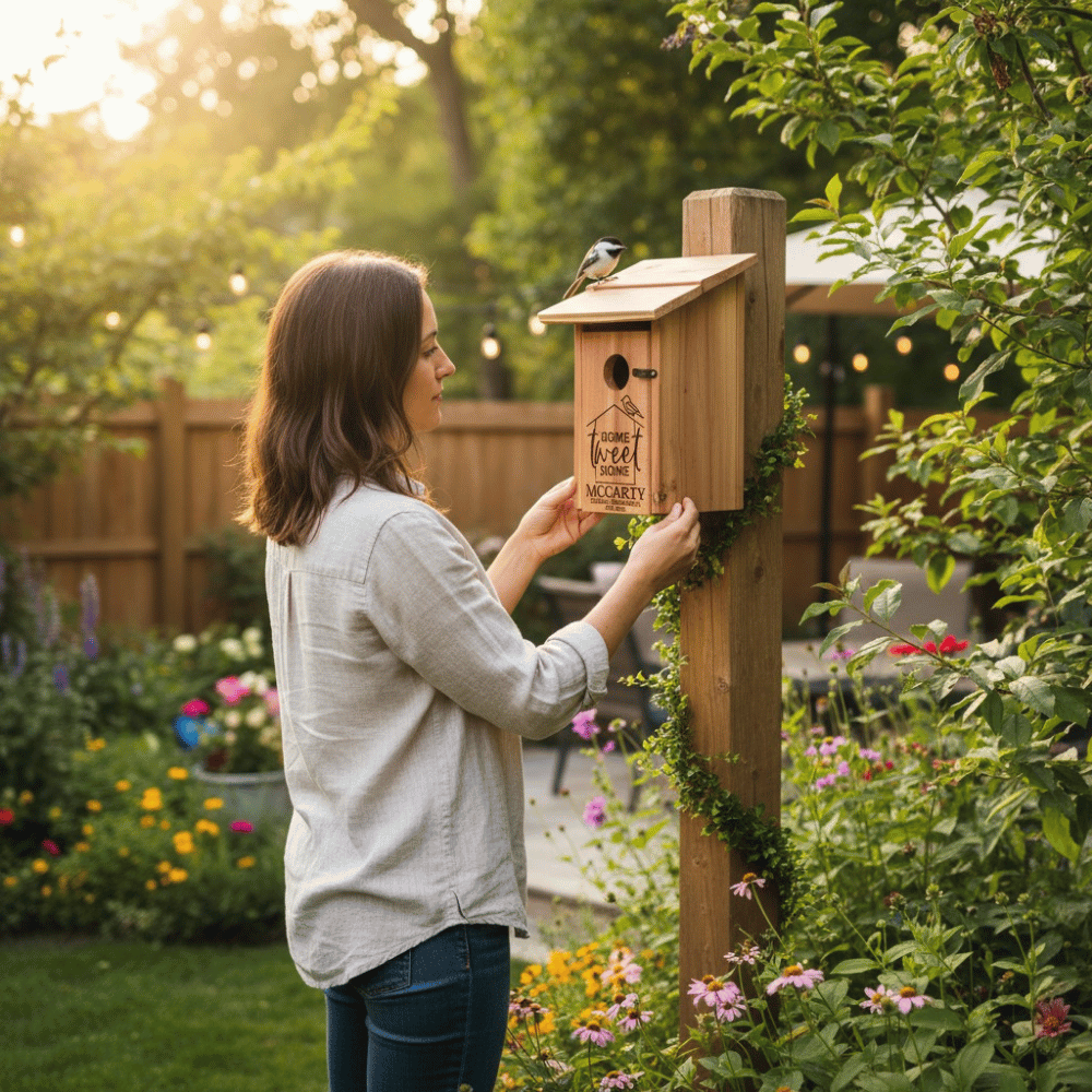 Personalized Premium Eastern Red Cedar Birdhouse Made In USA For Housewarming, Birdwatchers And Realtor Closing