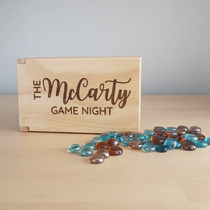 Personalized folding wood mancala game set with blue and brown sowing stones, travel ready board, family game night keepsake by Scratch That Etch