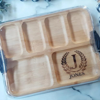 Personalized charcuterie serving build-a-board with secure locking clear plastic lid for easy transport and mess free entertaining