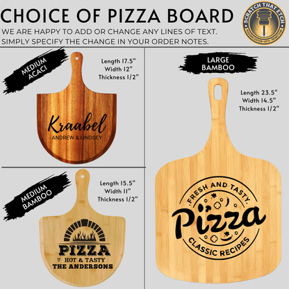 Personalized 2 Pcs Pizza Board With Cutter Set, Engraved Pizza Gift For Pizza Lovers- Choice Of 3 Boards & Two Blades- Custom Pizza Peel Set