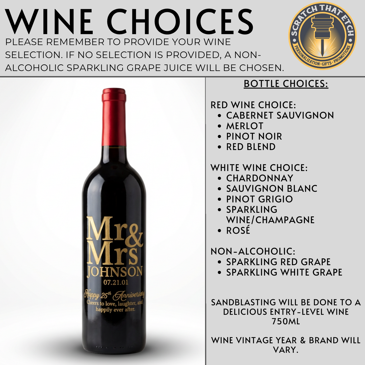 Personalized Sandblasted Wine Bottle Etching With Optional Two 15OZ Stemless Or Two 19OZ Stemmed Glasses For Anniversaries Weddings And Special Memories