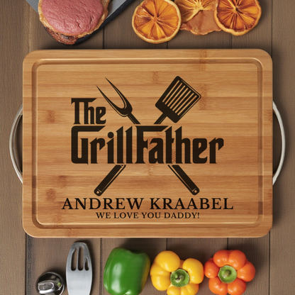 The GrillFather Personalized Cutting Board In Bamboo Or Acacia — BBQ Lovers’ Serving Board For Dads, Father’s Day, And Housewarmings — Bold Parody Design That Elevates Grilling And Charcuterie