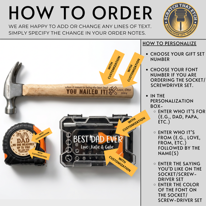 Personalized 3 pcs Tool Set for Dad, Custom Hammer Tape Measure & Screwdriver Gift for Grandpa, Father’s Day Birthday Gift Idea For Him