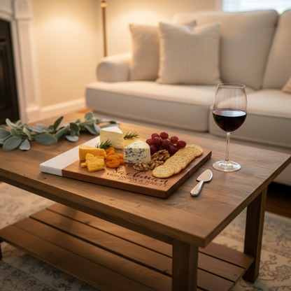 Personalized marble and acacia cutting board by Scratch That Etch for charcuterie serving and kitchen decor