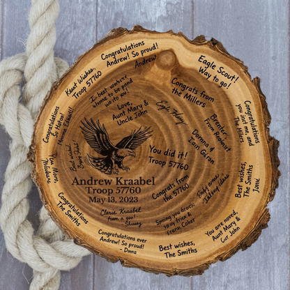 Personalized Scouting Court Of Honor Guest Book On Natural Wood Slice Made In USA Rustic Blue And Gold Keepsake In Medium Or Large